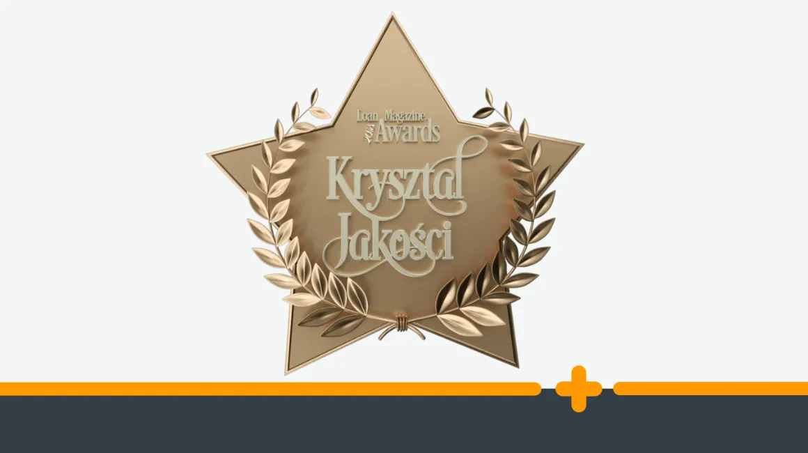 Złoty emblemat nagrody w kształcie gwiazdy z wieńcem laurowym i tytułem „Kryształ Jakości”